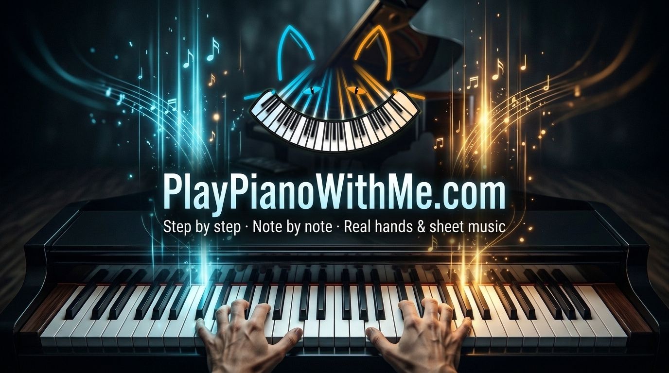 PlayPianoWithMe.com — Piano tutorials · sheet music on screen